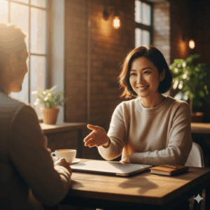 노트북을 덮고 맞은편 사람에게 미소 짓는 인물, 진정성과 관계를 통한 개인 브랜딩의 완성을 상징