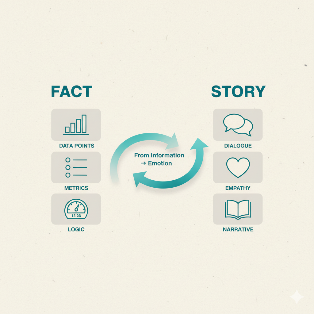 Fact와 Story의 차이를 비교한 인포그래픽 — 정보가 감정으로 전환되는 과정