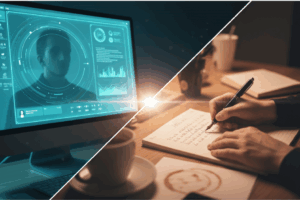 SEO 글쓰기에서 인간의 결과 AI의 정밀함이 교차하는 순간을 포착한 이미지