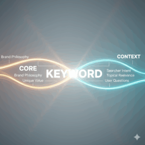 포커스 키워드 설계법 — 핵심과 맥락이 교차하며 새로운 의미를 만드는 과정을 표현한 이미지