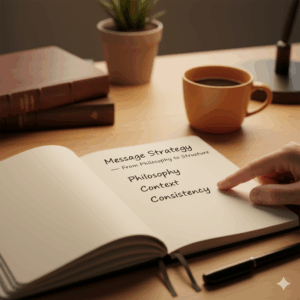 P-C-C 모델을 기록하며 메시지 전략을 설계하는 장면