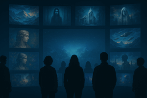 미드저니 브랜드 정체성의 컬트적 커뮤니티를 상징하는 몰입적 디지털 공간 이미지