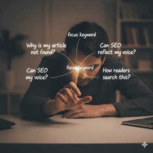 포커스 키워드 설계법 — 키워드 아이디어를 떠올리는 사람의 손과 시선을 중심으로 표현한 이미지