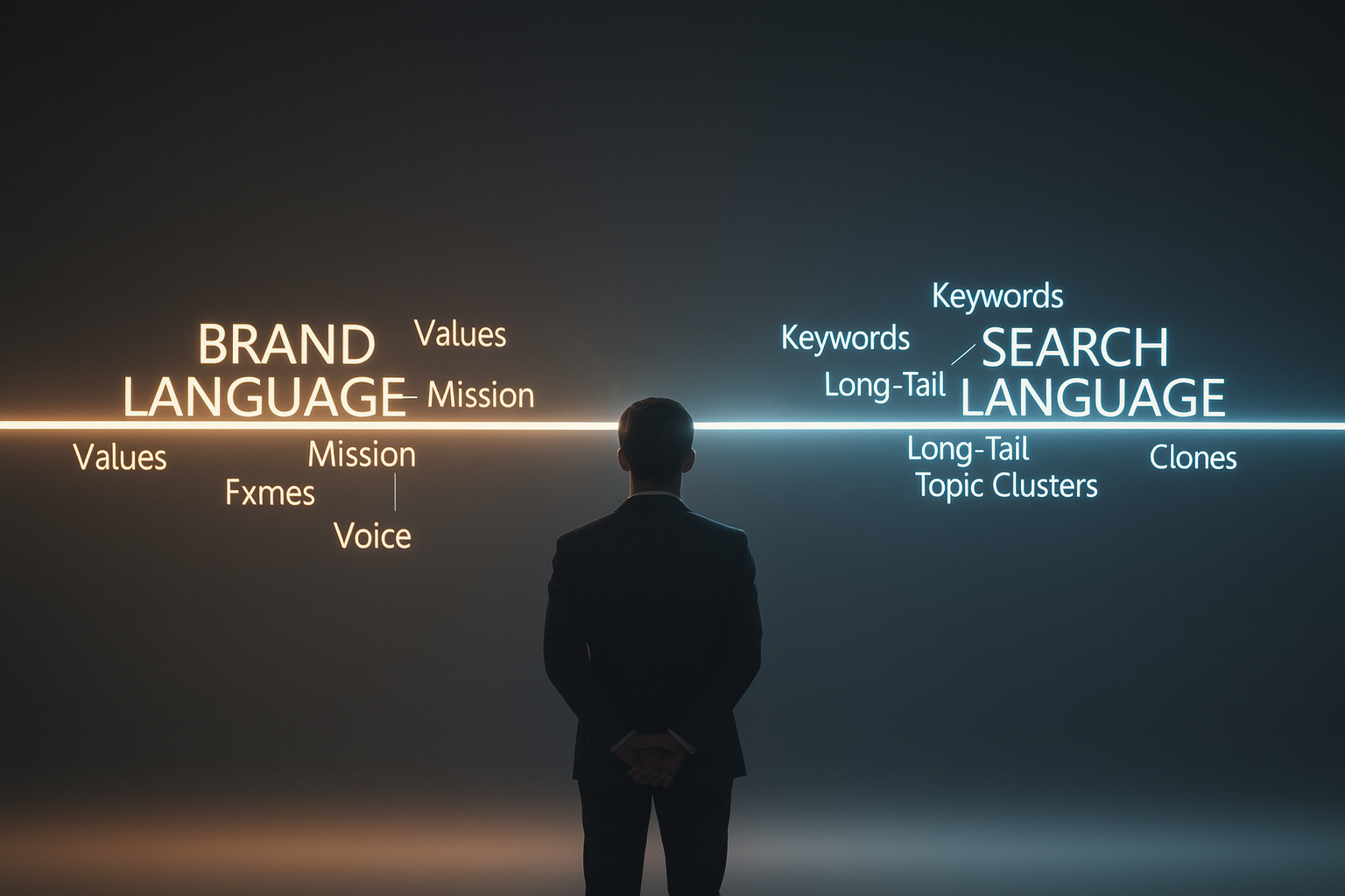 브랜드 언어와 검색 언어의 다리를 바라보는 사람을 통해 ‘언어 해석의 순간’을 표현한 이미지