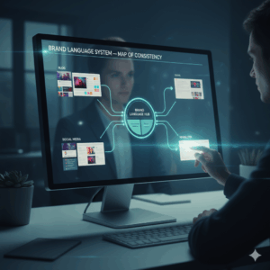 브랜드 메시지가 여러 플랫폼으로 자연스럽게 확장되는 언어 시스템의 흐름을 표현한 이미지