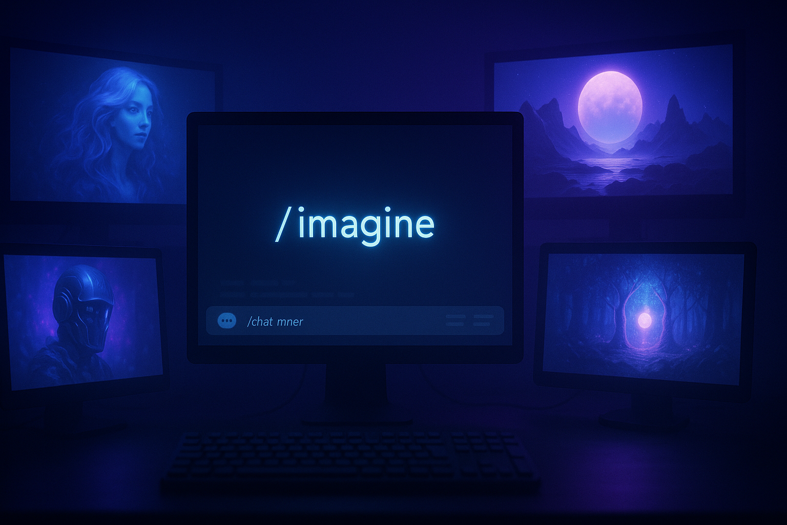 미드저니 브랜드 정체성을 상징하는 /imagine 명령어 중심의 AI 의식적 경험 이미지