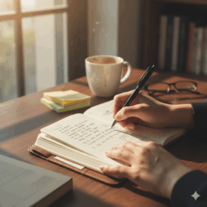 손으로 다이어리에 글을 쓰는 장면, 경험에서 비롯된 진정성을 상징