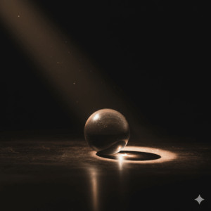 어두운 공간 속 단 하나의 빛으로 비춰지는 투명한 오브젝트, 개인의 핵심 메시지를 상징