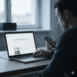 SEO 글쓰기의 한계를 보여주는 장면 — 검색에는 성공했지만 독자의 시선을 끌지 못한 콘텐츠를 표현한 에디토리얼 이미지