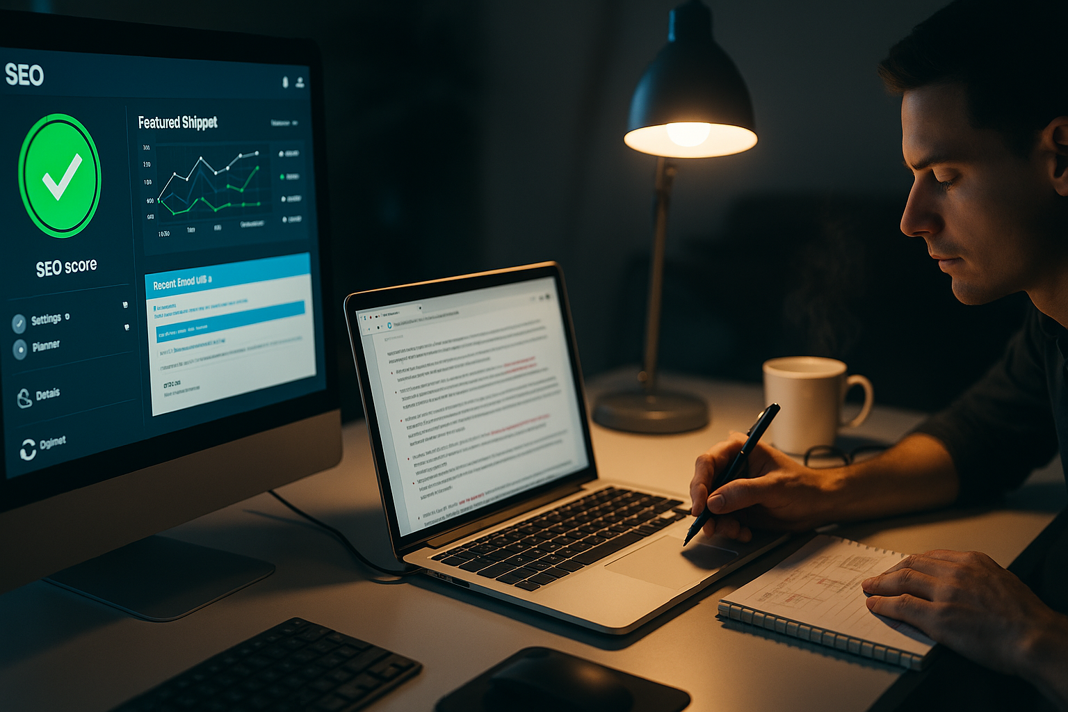 글쓰기의 균형을 상징하는 에디토리얼 이미지 — 알고리즘과 인간적 감각이 공존하는 작업 공간