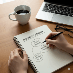 SEO 글쓰기 전략 3단계 설계 과정을 시각화한 편집자의 손 이미지
