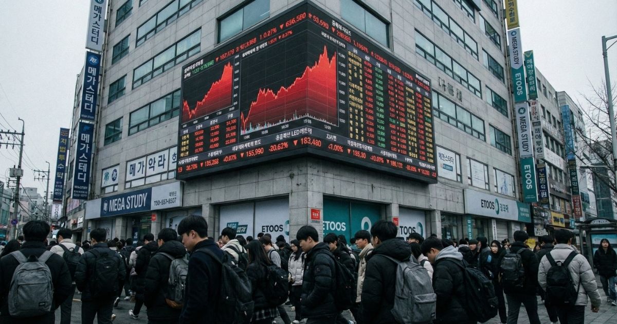 2026 수능 N수생 폭증이 교육이 아닌 투자임을 상징하는 입시 학원가와 주식 차트 전광판.