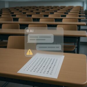 'AI 시대 수능'의 취약성을 보여주는 OMR 답안지와 AI 챗봇 경고창.