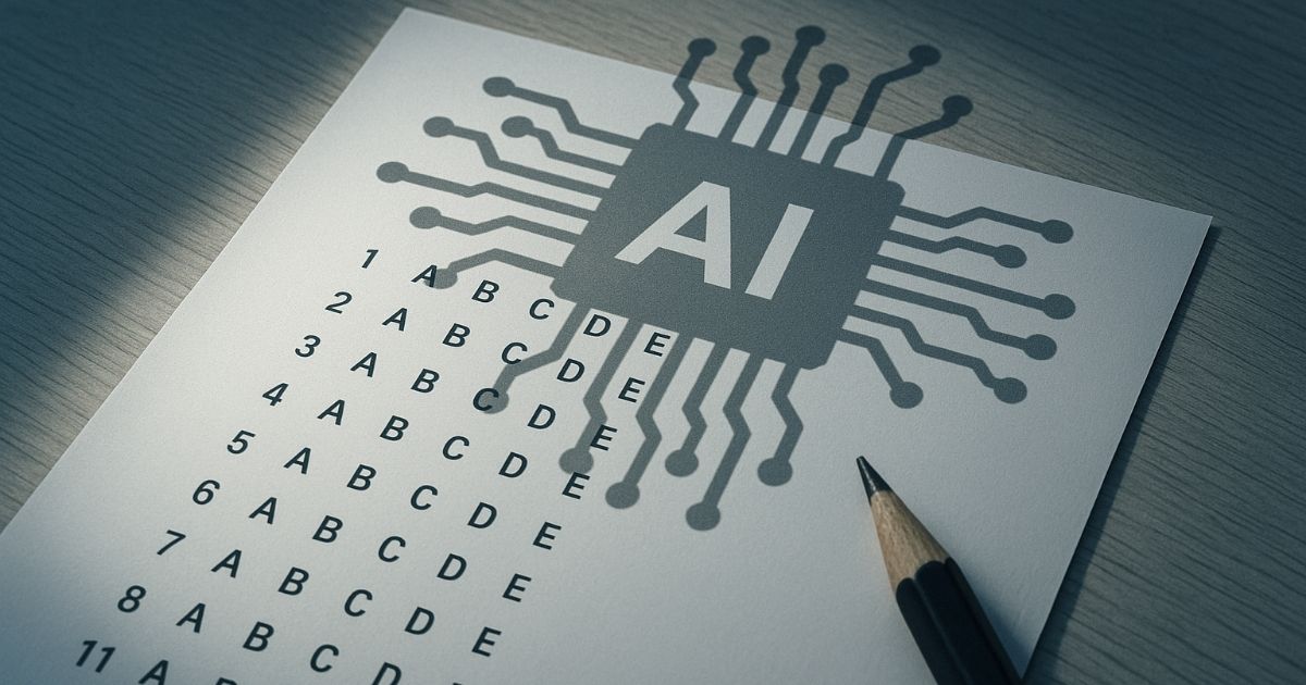 'AI 시대 수능'의 본질적 변화를 상징하는, AI 회로도가 덮인 OMR 답안지.