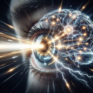 인간의 눈과 뇌 신경망이 빛의 속도로 연결된 모습, 뇌가 텍스트보다 이미지를 빠르게 처리하는 원리 시각화.