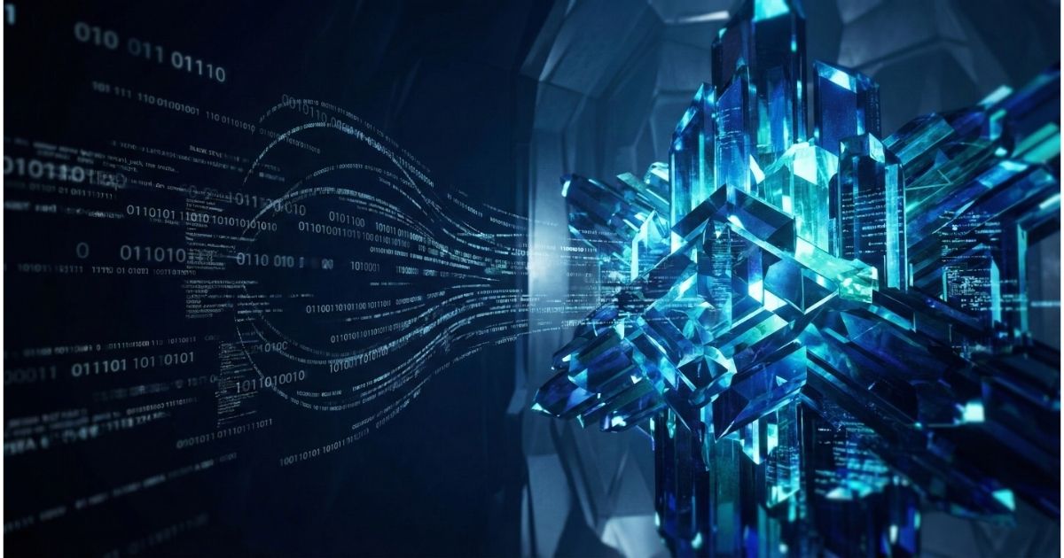 텍스트 데이터 흐름이 견고한 크리스털 구조로 변환되는 이미지, 브랜드 시각언어와 Visual Nexus의 개념을 표현.