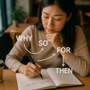 한국인 여성이 노트에 Why, So, For, Then 구조를 정리하며 콘텐츠 체류 전략을 설계하는 모습