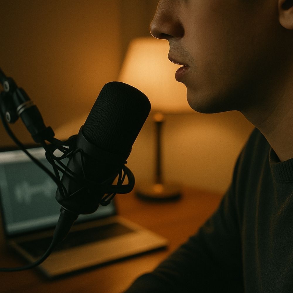 마이크 앞에서 말하기 직전의 모습, 독자를 팬으로 만드는 진정성 있는 브랜드 보이스를 상징.