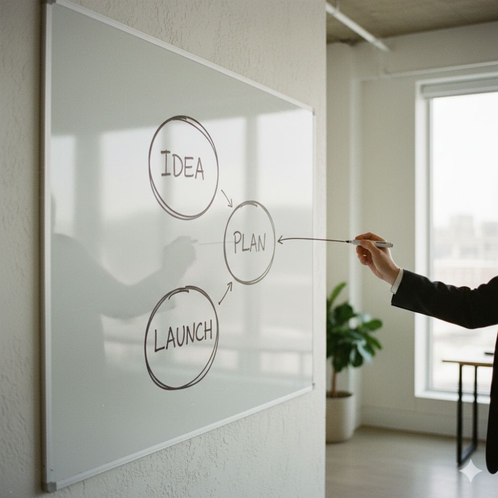 화이트보드에 손으로 그린 관계 순환 고리, 독자를 팬으로 만드는 'PCL Loop' 설계를 의미.