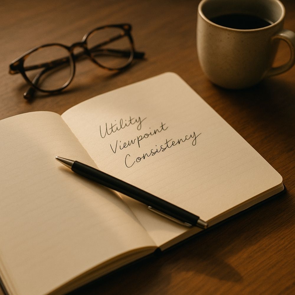 독자를 팬으로 만드는 세 가지 심리인 유용성, 관점, 일관성이 적힌 노트.