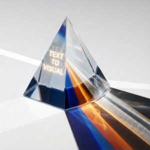 투명한 프리즘을 통과한 빛이 다채로운 색으로 확산되는 모습, 텍스트 Core가 브랜드 시각언어(Visual Nexus)로 번역되는 과정을 은유.