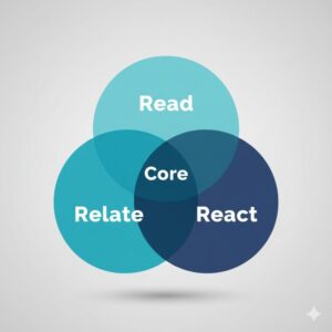 훑어보는 시대 글쓰기 전략인 코어라이팅의 핵심 원칙 3R: Read, Relate, React 다이어그램