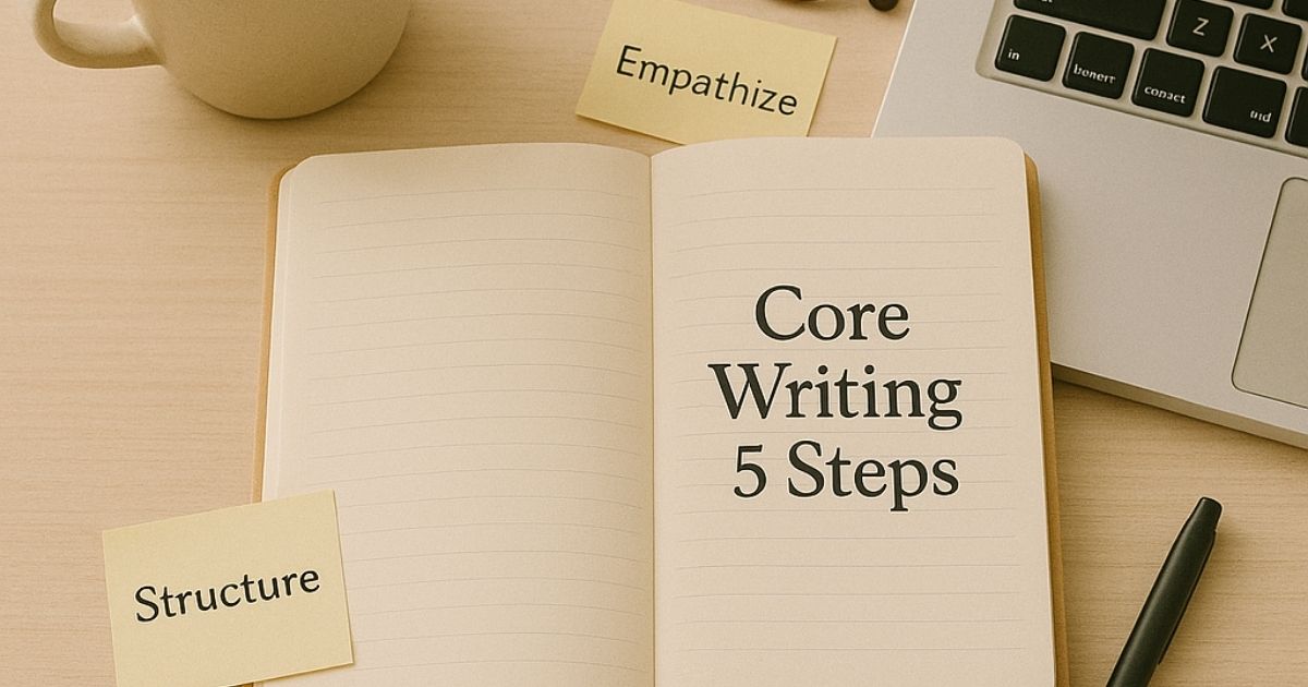 코어라이팅 5단계를 구상하는 에디터의 책상 일러스트