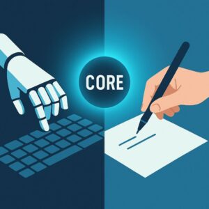 AI와 인간이 함께 글을 쓰는 코어라이팅 개념 일러스트