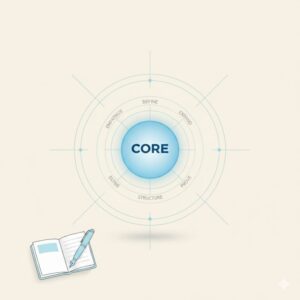 코어라이팅 글쓰기 설계의 핵심 구조를 시각화한 다이어그램. 중심 코어와 세 개의 논리 기둥으로 구성.