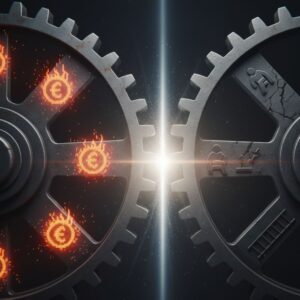 '쉬는 30대' 문제를 야기하는 환율 위기(불타는 유로)와 고용 시장 붕괴(부서진 계단)의 엇박자를 상징하는 톱니바퀴.