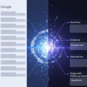구글식 목록형 결과와 오픈AI식 맥락 기반 흐름이 대비되며 AI 검색에서 ‘해석 주도권’이 어떻게 이동하는지를 보여주는 이미지