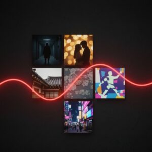 한국적 풍경·스릴러·로맨스·예능 등 다양한 K-콘텐츠 장르 이미지가 그리드로 구성된 장면.