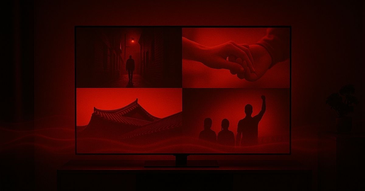 K-콘텐츠의 감정선과 한국적 이미지를 붉은 조명 속 TV 화면 구성으로 표현한 장면.