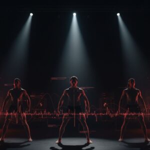 퍼포머들이 무대 조명 아래 서 있고, 중앙에 심박 그래프가 흐르는 K-콘텐츠 예능 장면 구성.