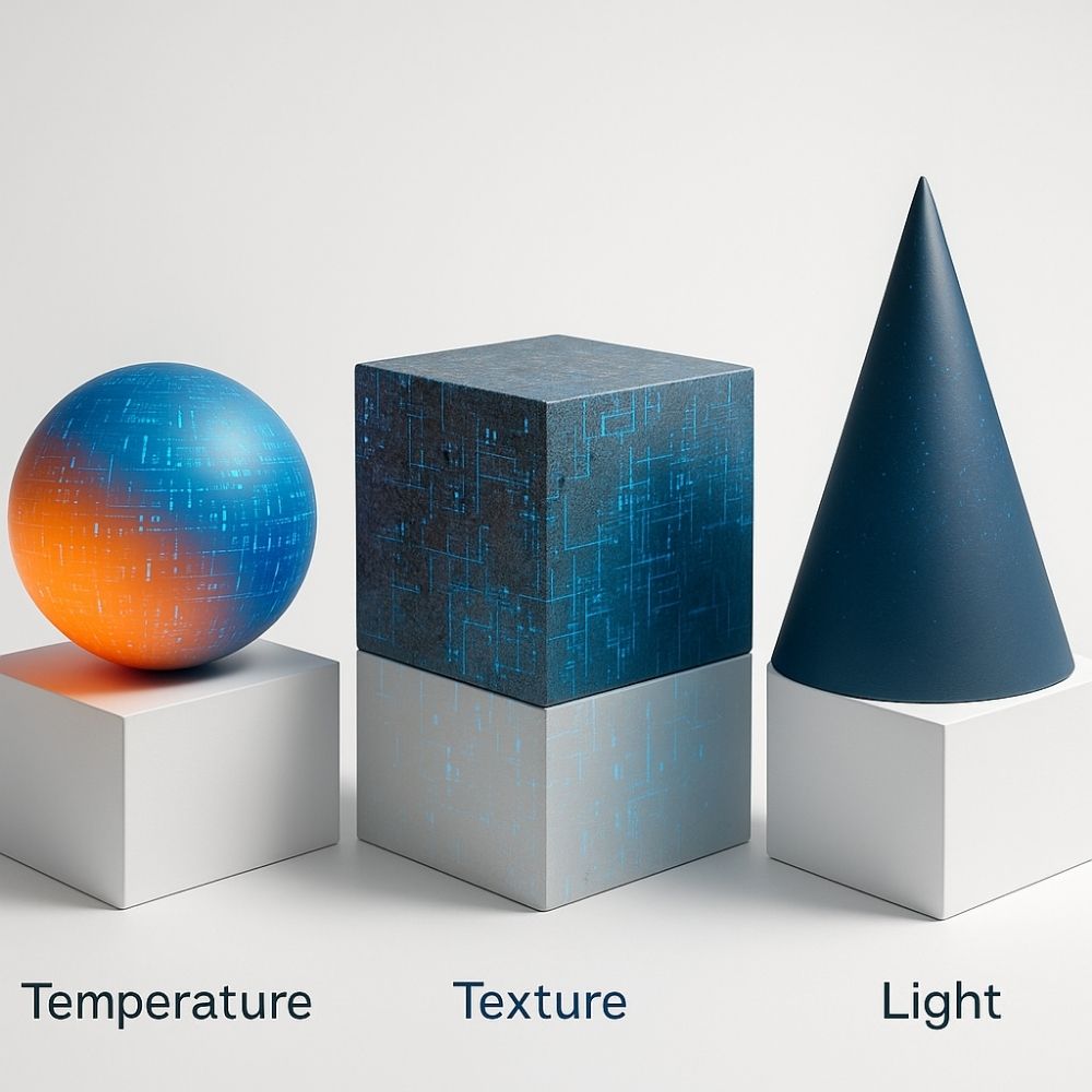온도, 질감, 광원을 상징하는 3개의 3D 기하학 오브제와 디지털 코드, 메시지 시각화의 3대 요소