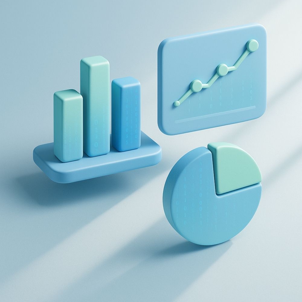 파스텔 블루 톤의 부드러운 3D 그래프와 사선 조명이 적용된 데이터 분석 메시지 시각화 예시