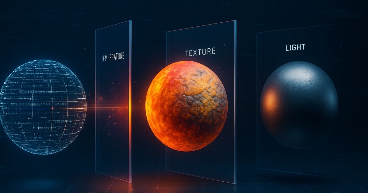 텍스트 코드가 투명한 필터를 통과해 3D 구체로 변하는 과정, 메시지 시각화 프로세스