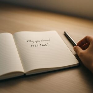 노트에 Why you should read this 문장을 적으며 콘텐츠 체류 전략의 리드를 고민하는 장면