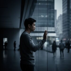 쉬는 30대'가 시장 밖으로 이탈하여 경제 활동(도시 풍경)과 단절된 고립감을 표현하는 이미지.