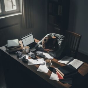 '쉬는 30대'가 시장 밖으로 이탈하여 경제 활동(도시 풍경)과 단절된 고립감을 표현하는 이미지.