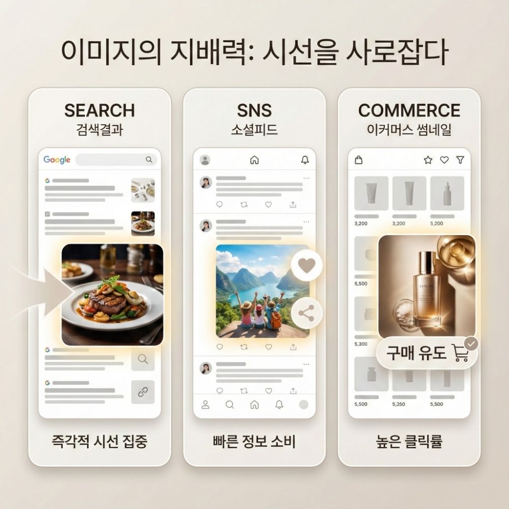 검색, SNS, 이커머스 모바일 화면 UI 비교 인포그래픽, 브랜드 시각언어가 클릭과 구매를 유도하는 지배력을 설명.